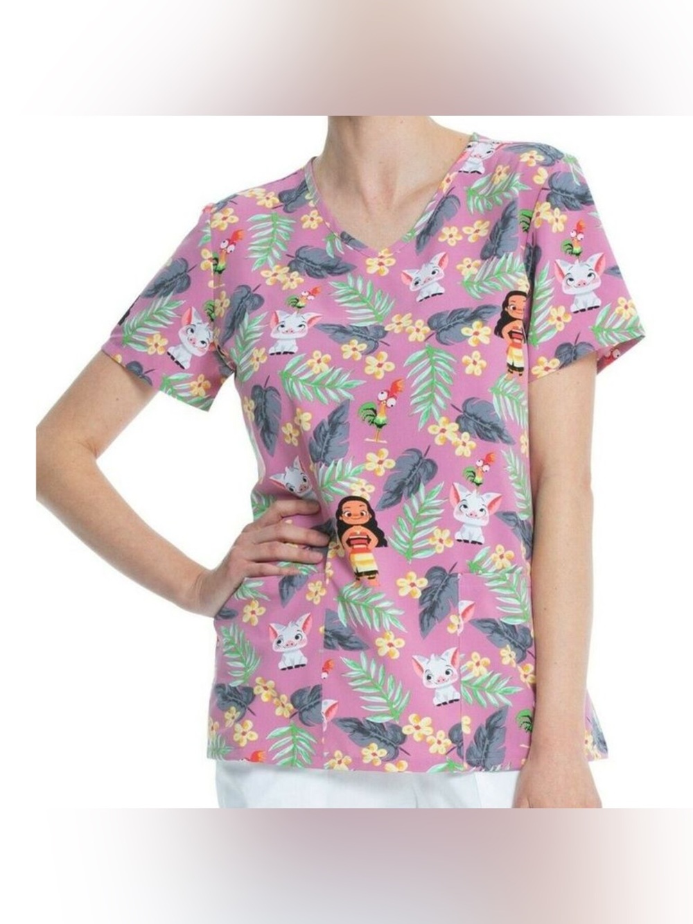 Disney Moana Tunic Scrub Top Sz L Womens Tropical Floral Medic Dentist Nurse
